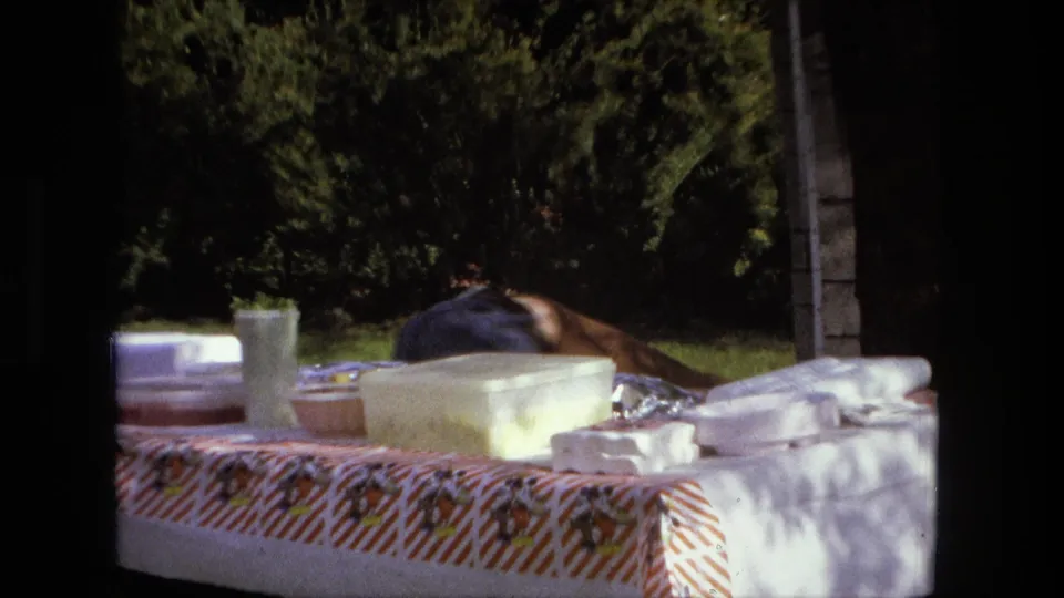 The backyard picnic table fills the frame as the falling performer drops low behind the table in the 1976 home movie scene.