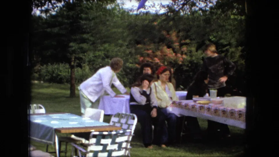 Adults gather around a backyard lunch table in Fort Wayne, with trees, lawn chairs, and picnic items visible.