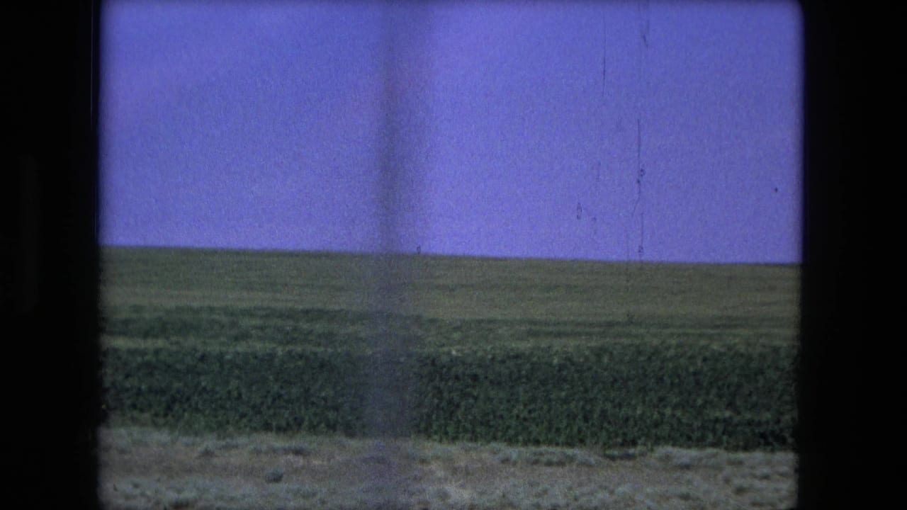 Wide green field under a purple-blue sky with dark film borders and vertical film marks.