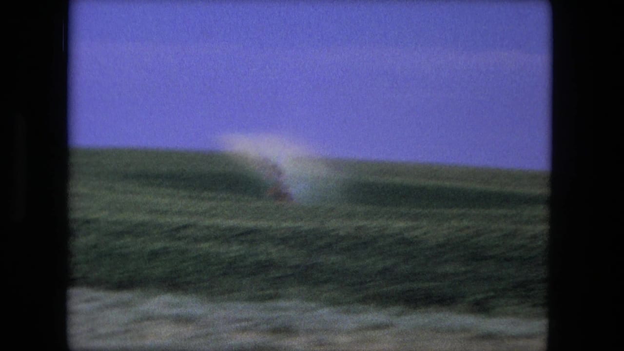 Blurred green field beneath a purple-blue sky with a pale dust trail near the horizon.