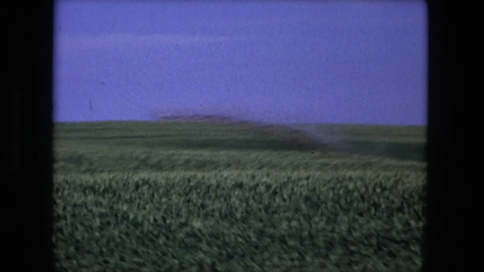 1976 8mm home-movie frame from the Fort Wayne clip showing dense green grass and a soft, distant dust mark near the horizon.