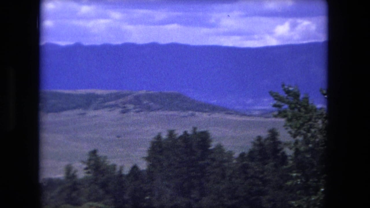 Distant mountains and cloudy sky seen past trees through a dark window frame.