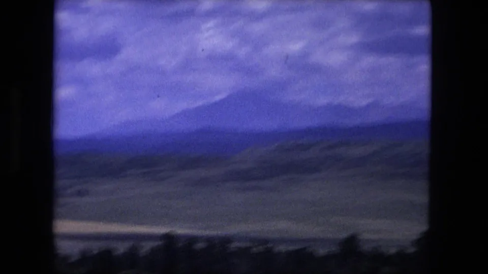 A distant mountain peak and layered ridges appear through blue-purple 8mm color shift, with dark trees along the lower edge.