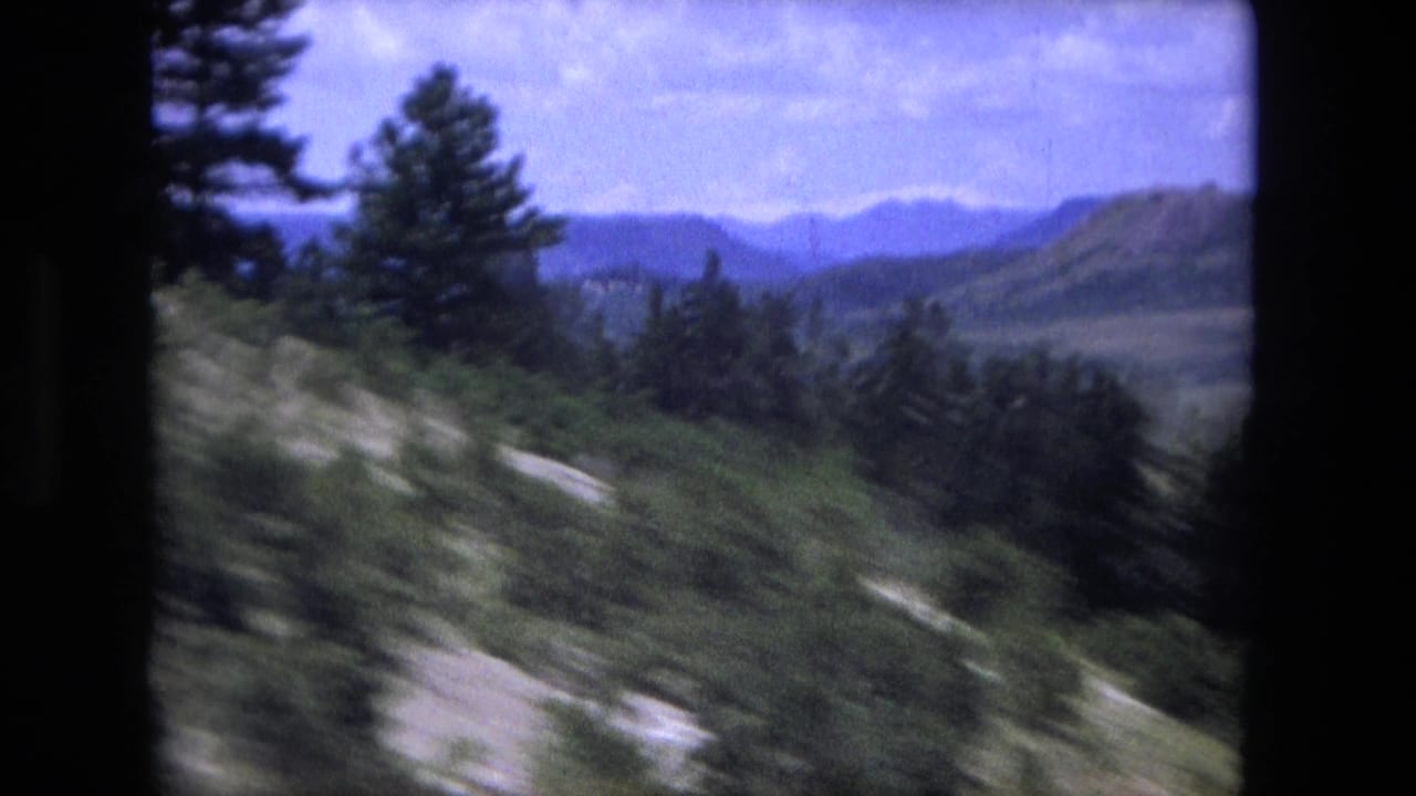 Motion-blurred 8mm view of roadside evergreens, rocky ground, hills, and distant mountains during a scenic drive.