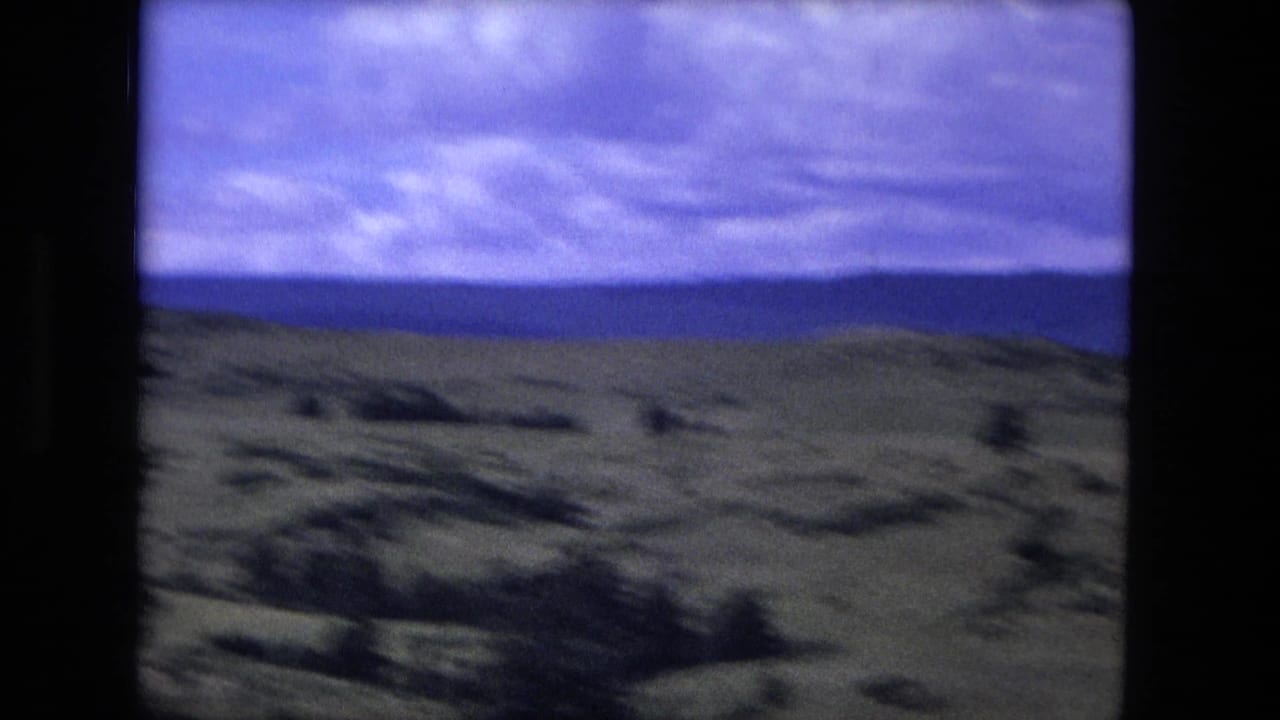 Blurred rolling countryside under a cloudy purple-blue sky.