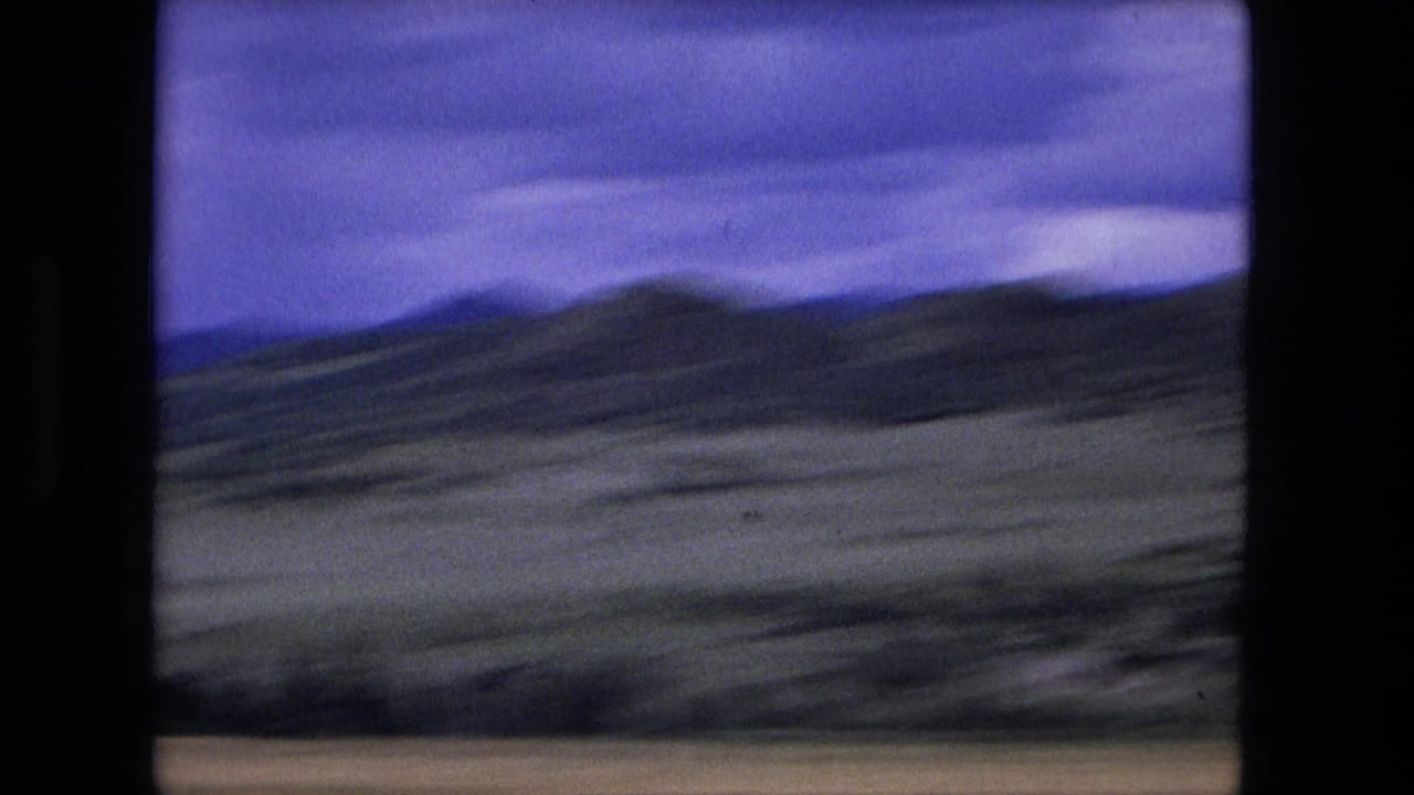 Blurred hillside landscape seen in motion beneath a purple sky.
