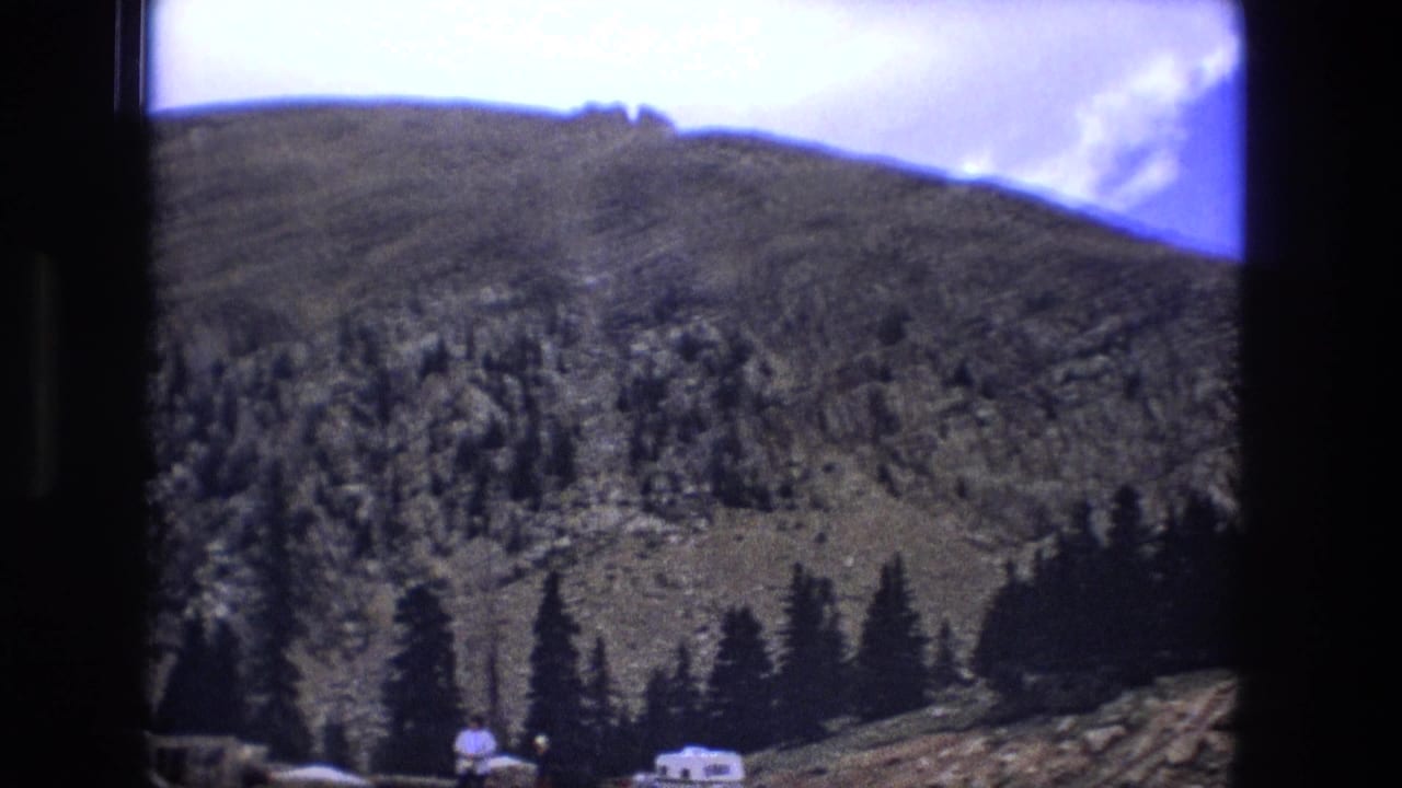 Mountain slope with evergreen trees and a small camper below.