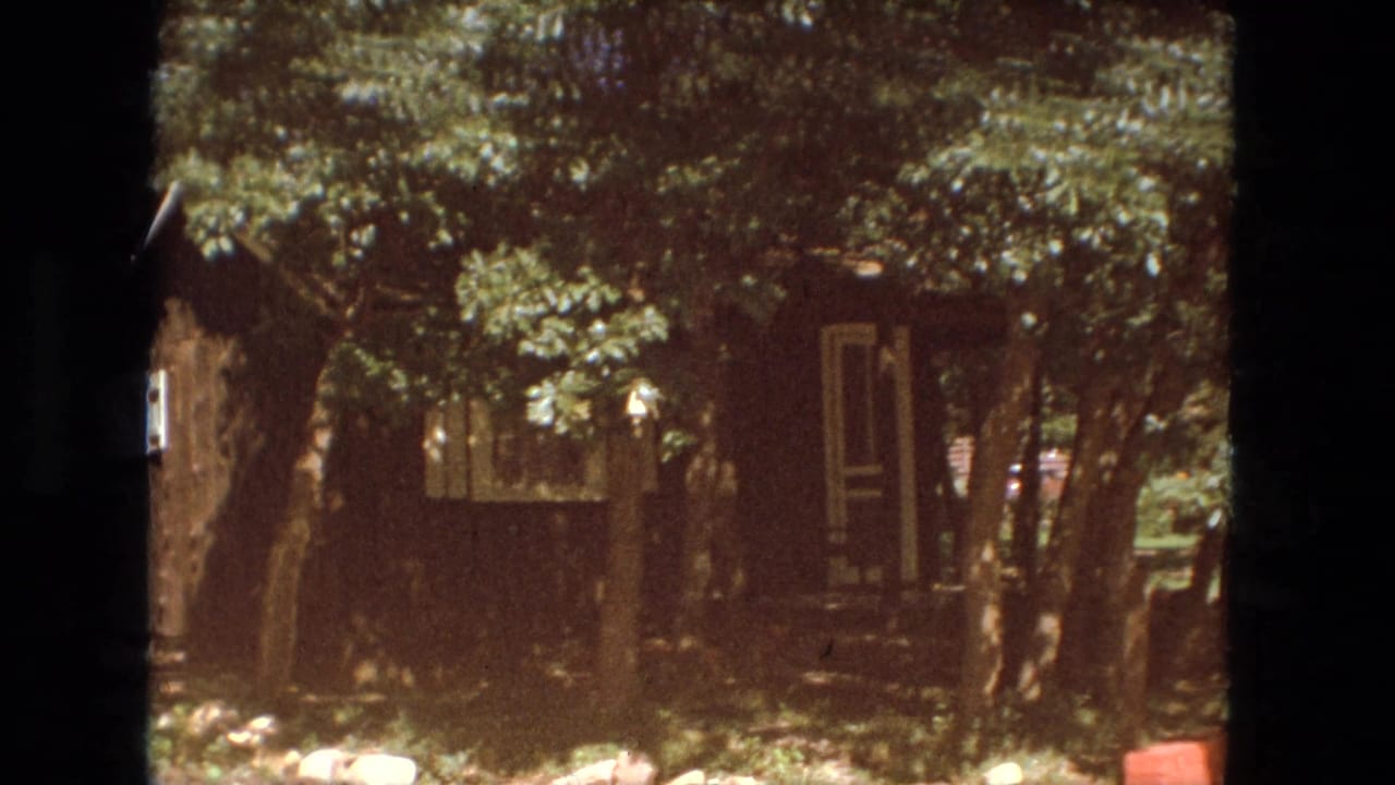 Shaded Fort Wayne residential exterior from 1976 with a dark small building, trees, shrubs, and partial red edging visible.