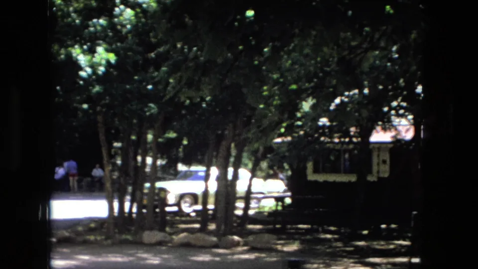8mm Fort Wayne view of cars partly hidden by trees, with roadside stones and a small dark structure in the background.