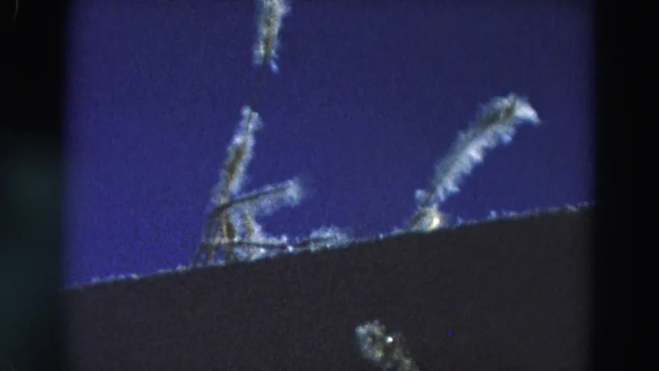 1968 Diller, Nebraska 8mm still showing pale translucent shapes near a dark foreground edge under a deep blue night sky.