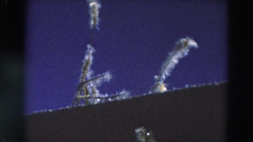 1968 Diller, Nebraska frame with pale glowing wisps against a blue night sky, bordered by dark 8mm frame edges and foreground silhouette.
