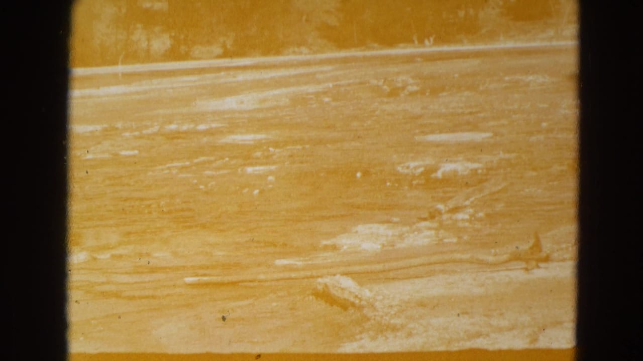 Overexposed yellow-toned flooded ground with pale mineral patches and dark film borders.