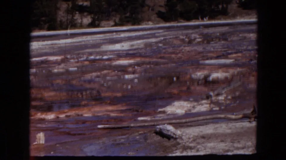 1967 Yellowstone frame showing muddy water over mineral flats, pale deposits, scattered wood, and a distant line of dark evergreens.