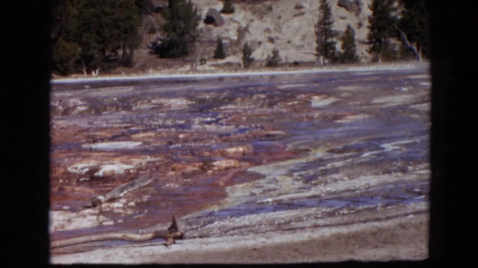 Wide 1967 Yellowstone 8mm view across flooded mineral flats with driftwood, pale deposits, evergreens, and a sloping rocky hillside.