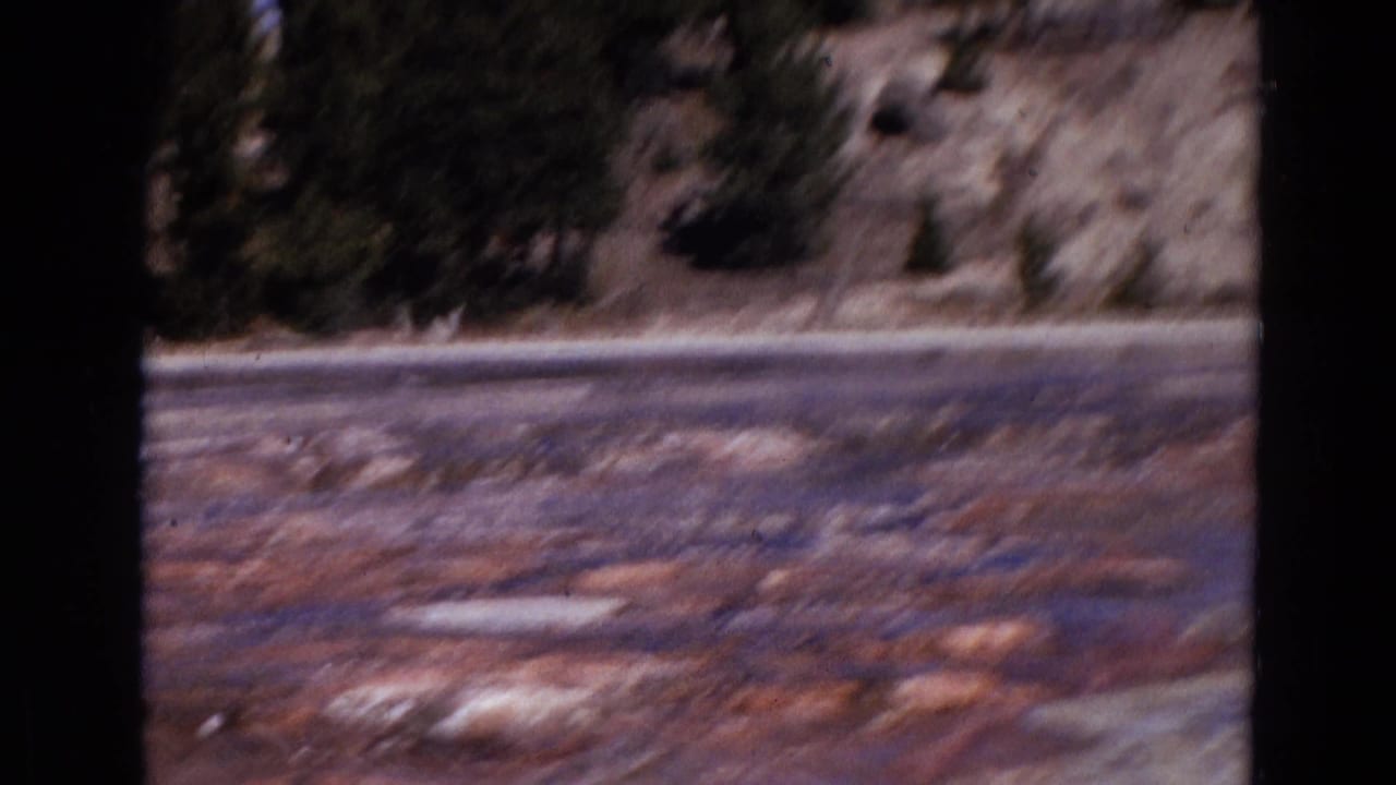 1967 Yellowstone 8mm frame showing colorful mineral-streaked geothermal ground, water, trees, and a rocky hillside.