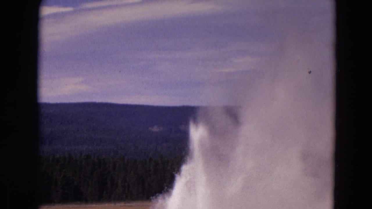 Tall geyser plume fills the right side with forest and hills behind it.