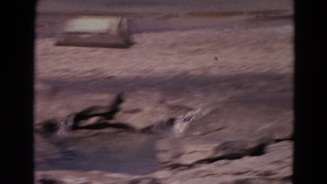 Geyser water bubbling from a rocky fissure with a sign blurred in the background.