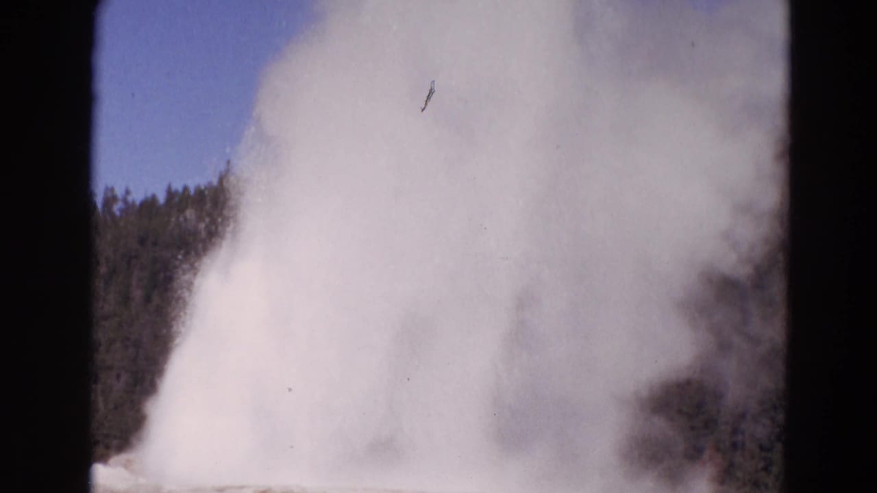 Geyser steam plume rising beside a forested ridge under blue sky.