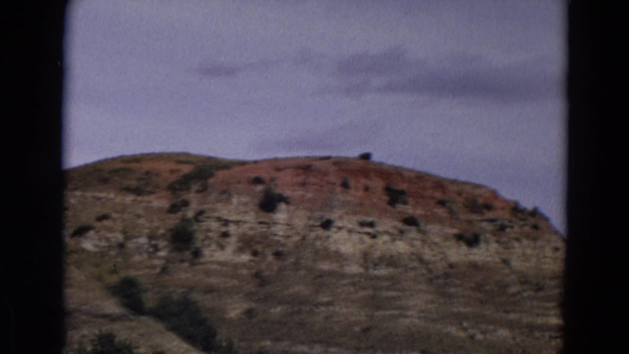 Layered dry hillside with sparse shrubs under a pale sky, framed by black film edges.