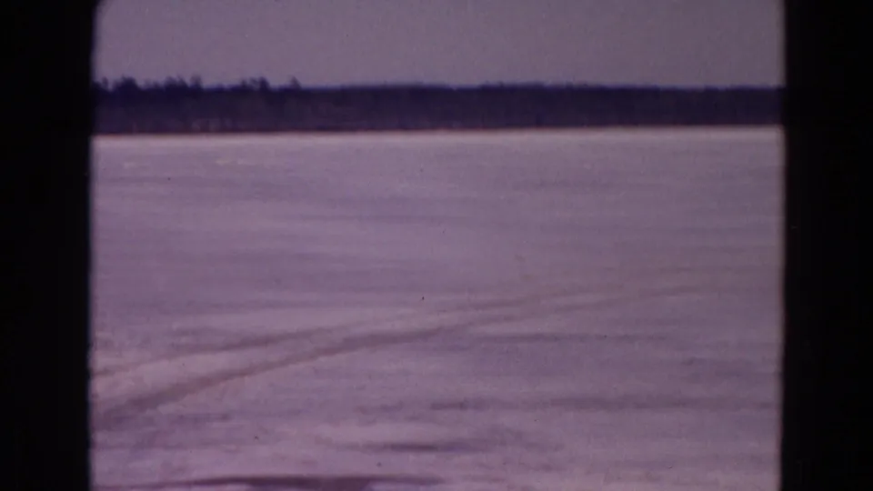 A wide Yellowstone winter view shows pale snow, several soft track lines, and a dark band of trees in the distance.
