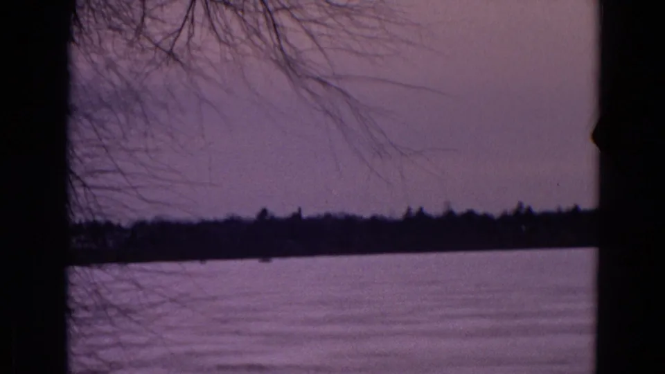 1967 Yellowstone home-movie frame showing calm water, a low shoreline, and bare branches silhouetted in purple dusk light.