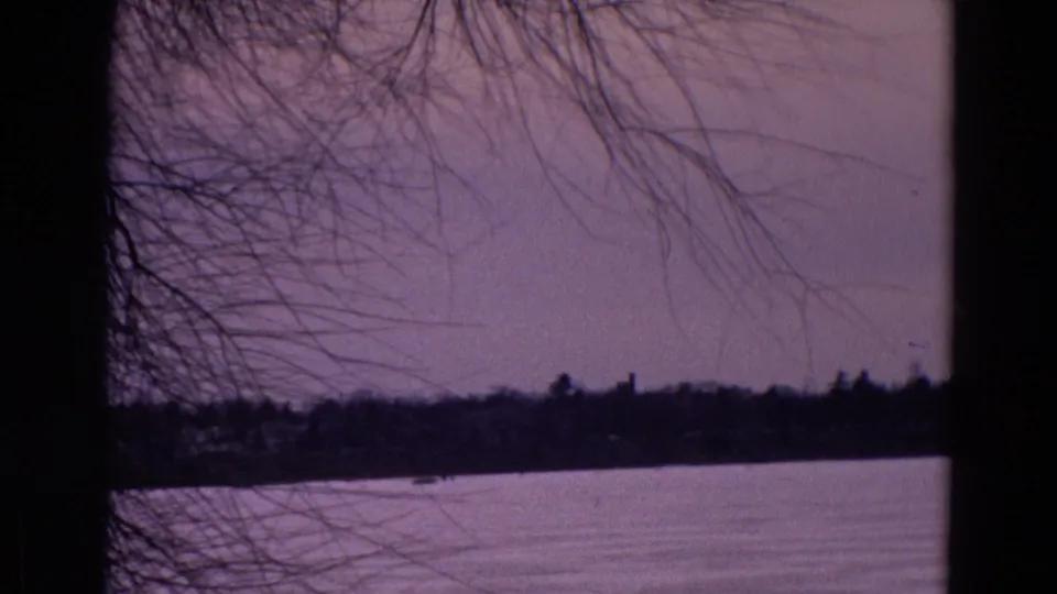 1967 Yellowstone home-movie view of calm water and a dark distant bank, with bare foreground branches and soft 8mm color shift.