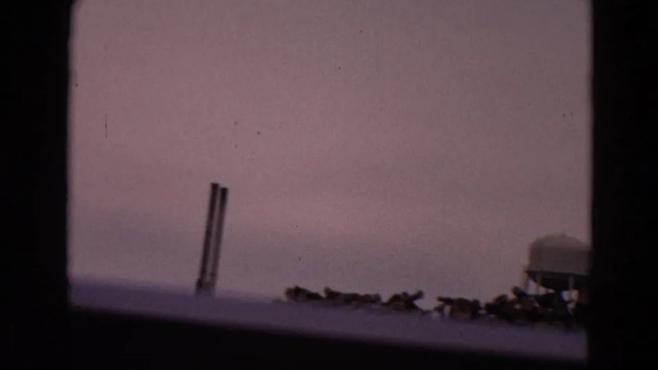 A window-framed 1967 view near Yellowstone shows distant pipes, a small tank or water tower, and foreground timber piles.