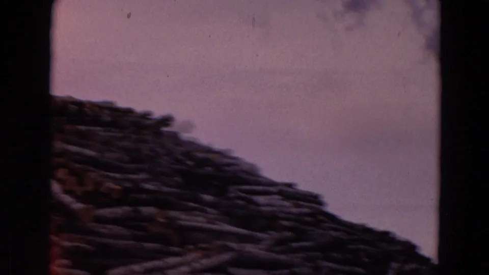 1967 Yellowstone Park frame showing a sloping stack of cut timber with scattered snow and soft haze in the background.