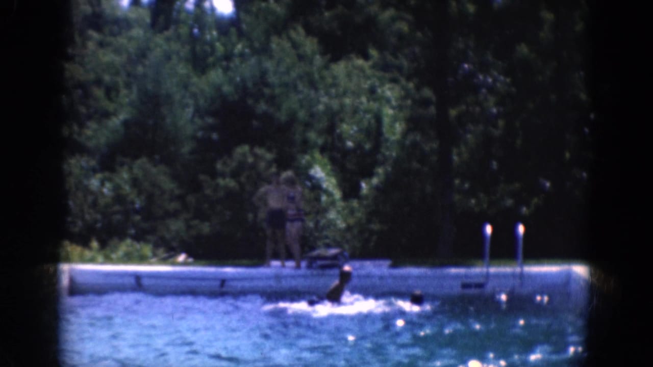 Swimmers in a pool beside a wooded edge with a person standing on the deck.