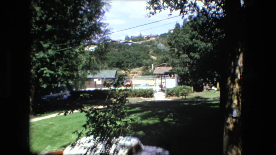 1976 8mm frame of a Fort Wayne residential yard, with foreground shade, a green lawn, saplings, shrubs, utility lines, and a small house beyond.
