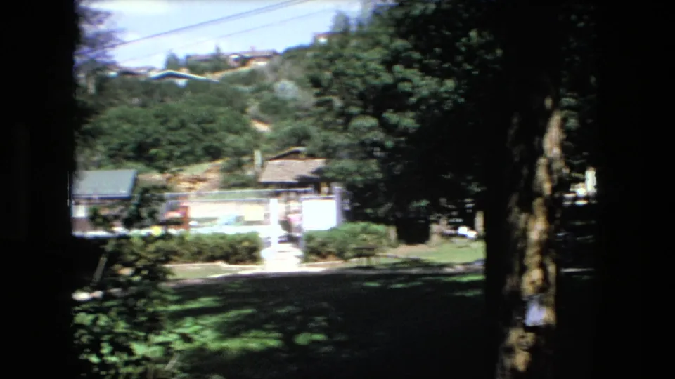 Fort Wayne 1976 home-movie frame showing a shaded lawn, dense trees, a small residential structure, shrubs, a hillside, and utility lines.