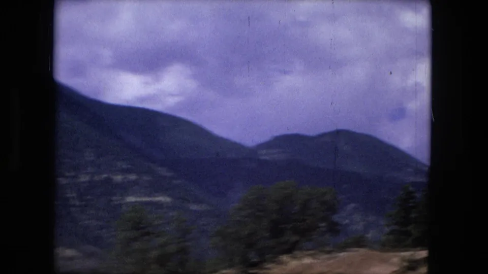 A valley-like mountain view appears through soft 8mm grain, with dark ridges, cloudy sky, and trees in the foreground.