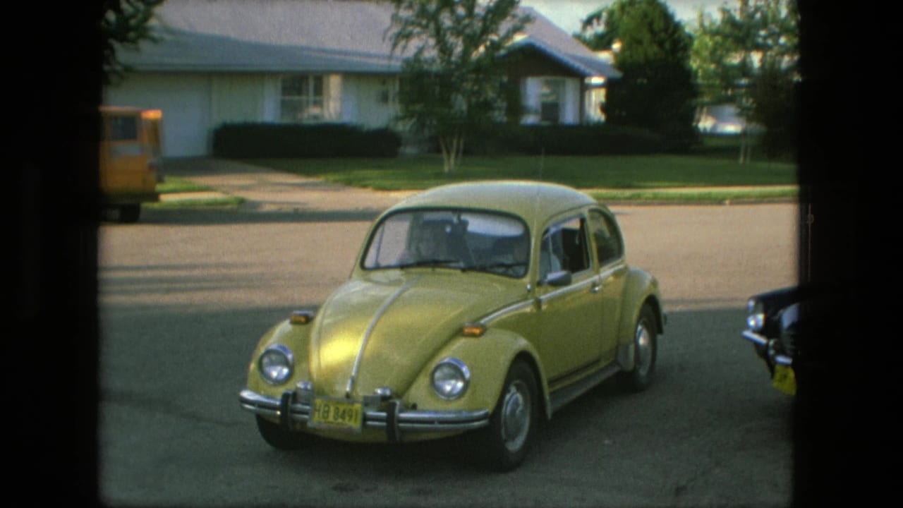 Yellow Volkswagen Beetle near the street with a yellow van and houses in the background.