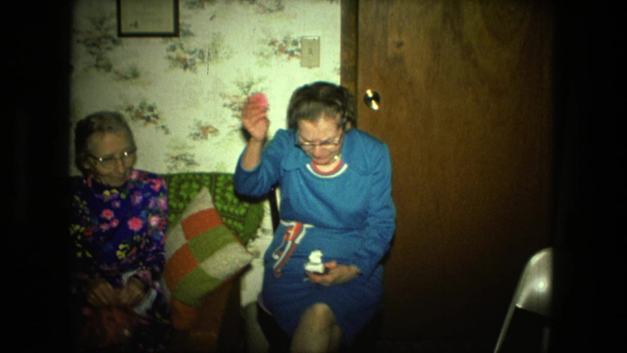 The woman in blue gestures with a small pink item in a Fort Wayne living room while her seated companion looks on.
