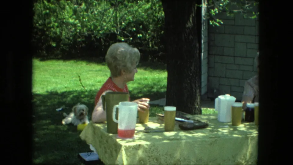 1976 Fort Wayne 8mm frame showing a woman in red at a picnic table with a small dog lying nearby.
