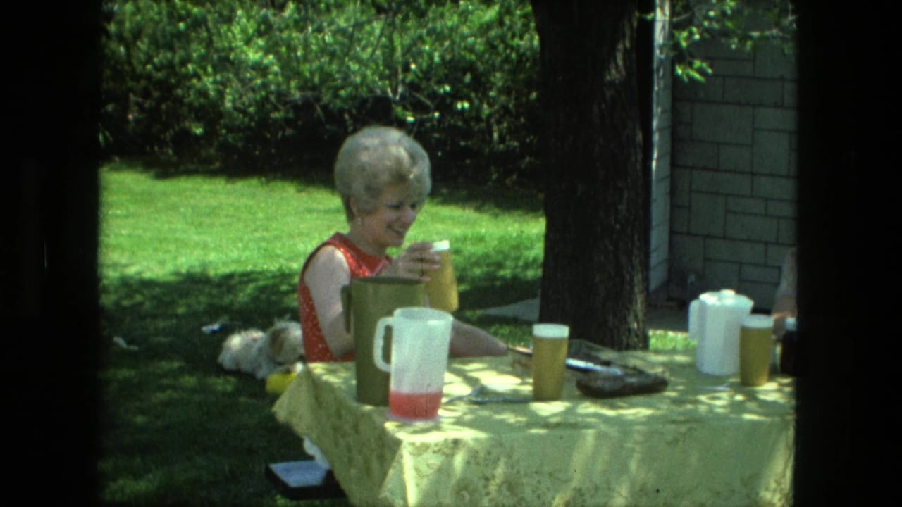 Woman in a red sleeveless dress sits at a backyard table with pitchers and cups while a small dog rests nearby.