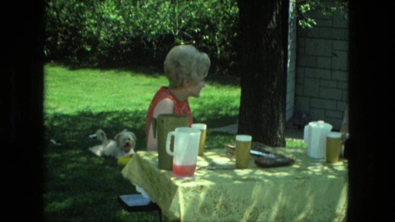 Woman in a red sleeveless dress sits at a yellow backyard table near a small white dog.