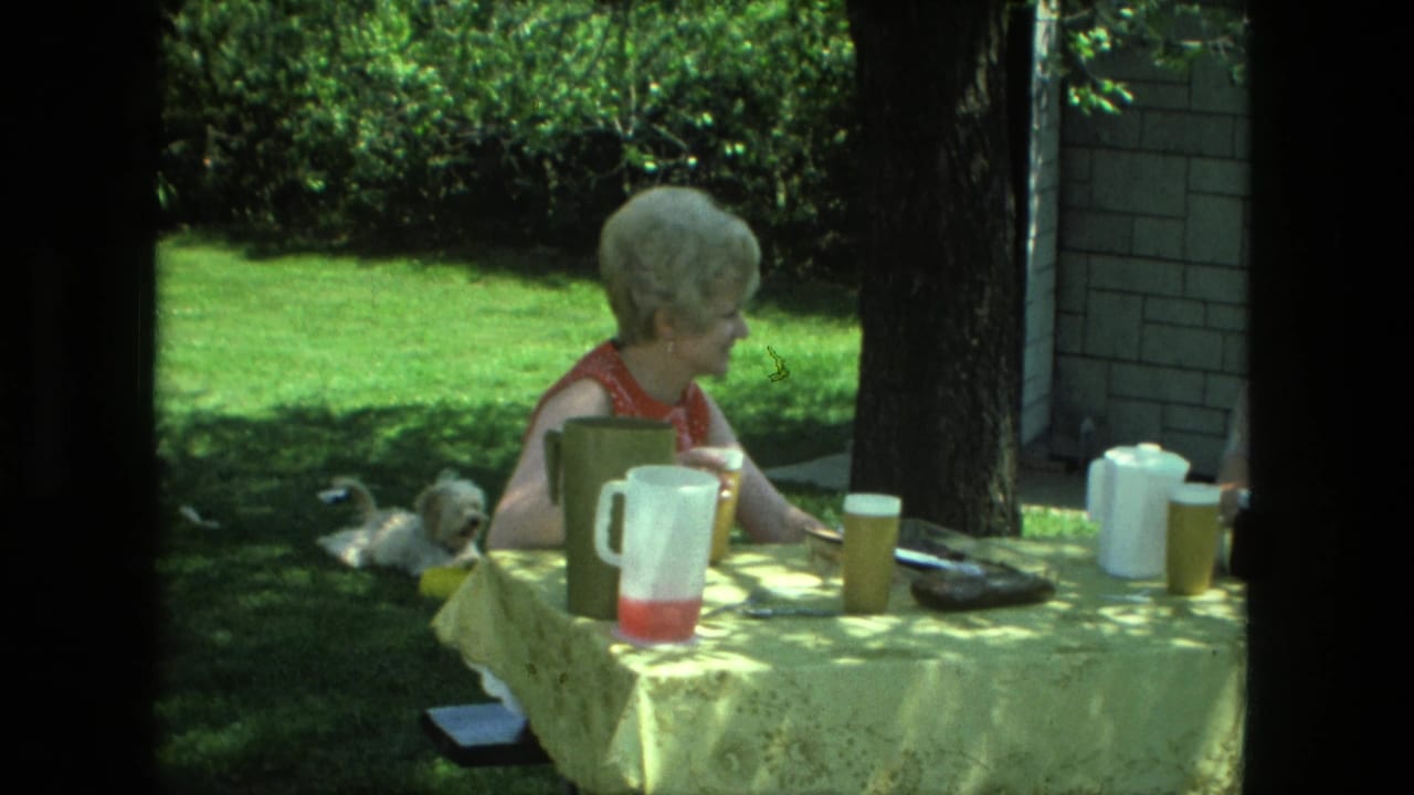 Woman turns at an outdoor table with pitchers and cups while a small dog lies behind her.