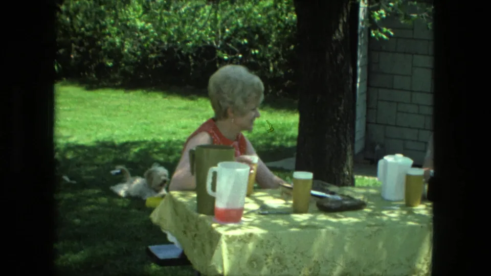1976 Fort Wayne backyard frame showing a woman at a yellow table, with a small white dog resting in shaded grass behind her.