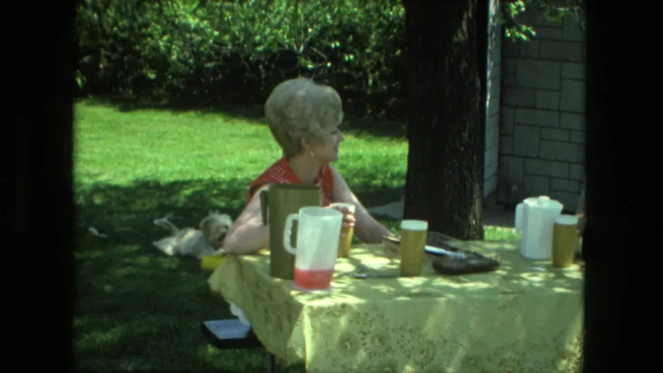1976 Fort Wayne home-movie frame with a woman at a backyard table and a small white dog resting near the table edge.