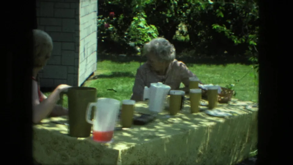 1976 Fort Wayne home-movie frame of an older woman seated at a shaded backyard table set with pitchers, cups, and food items.
