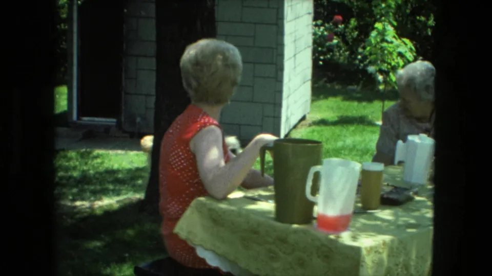 1976 Fort Wayne backyard scene with a woman in a red polka-dot dress seated at a refreshment table across from an older woman.