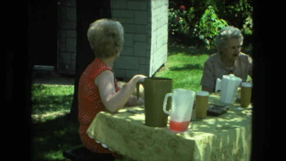 1976 Fort Wayne home-movie frame with two women at a backyard refreshment table and a small dog visible near the wall.