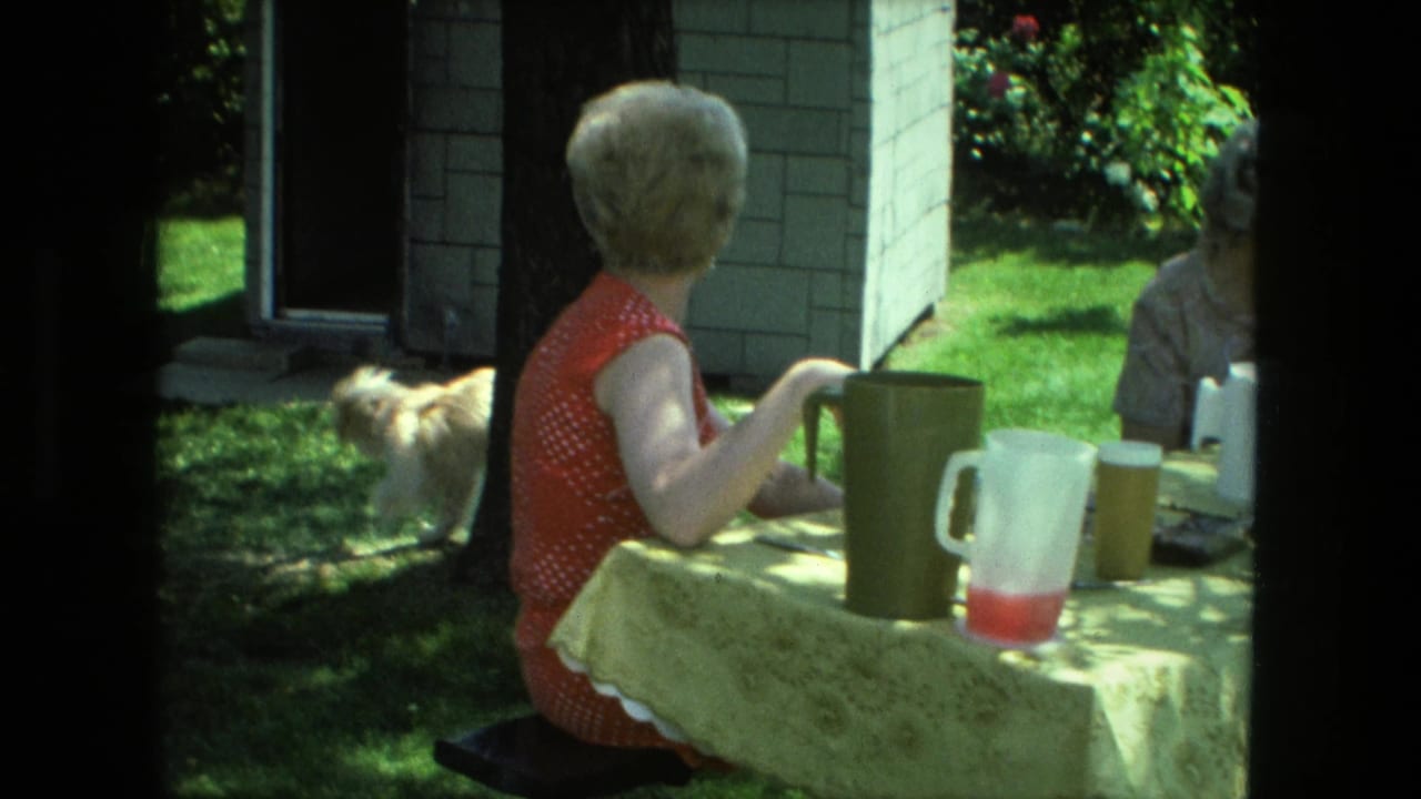 Woman in a red polka-dot dress sits at an outdoor table as a small dog moves near a brick building.
