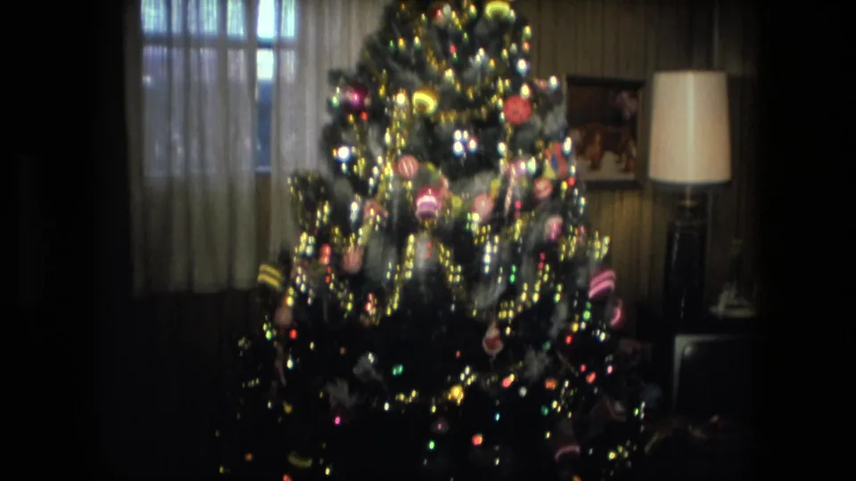 1976 Fort Wayne home interior showing the decorated Christmas tree with a curtained window, floor lamp, and wall art nearby.