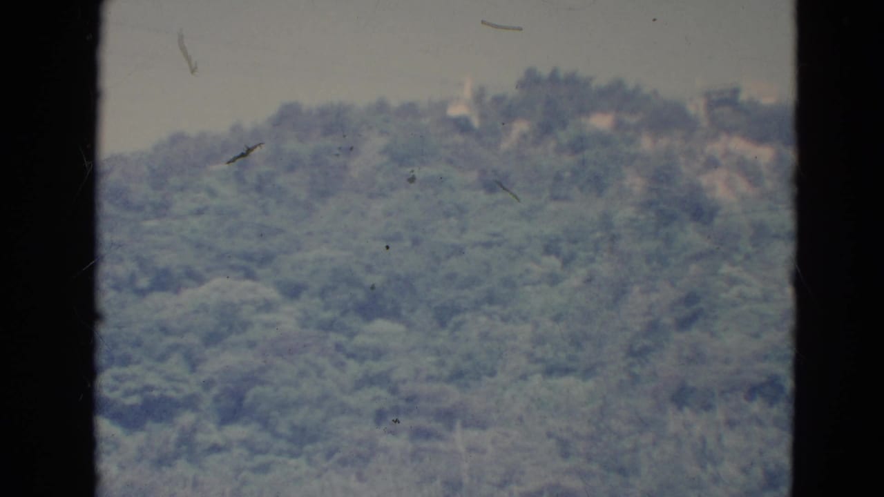 1976 Minnesota 8mm frame with dense green hillside, pale sky, dark frame edge, and faint ridge-top structures.