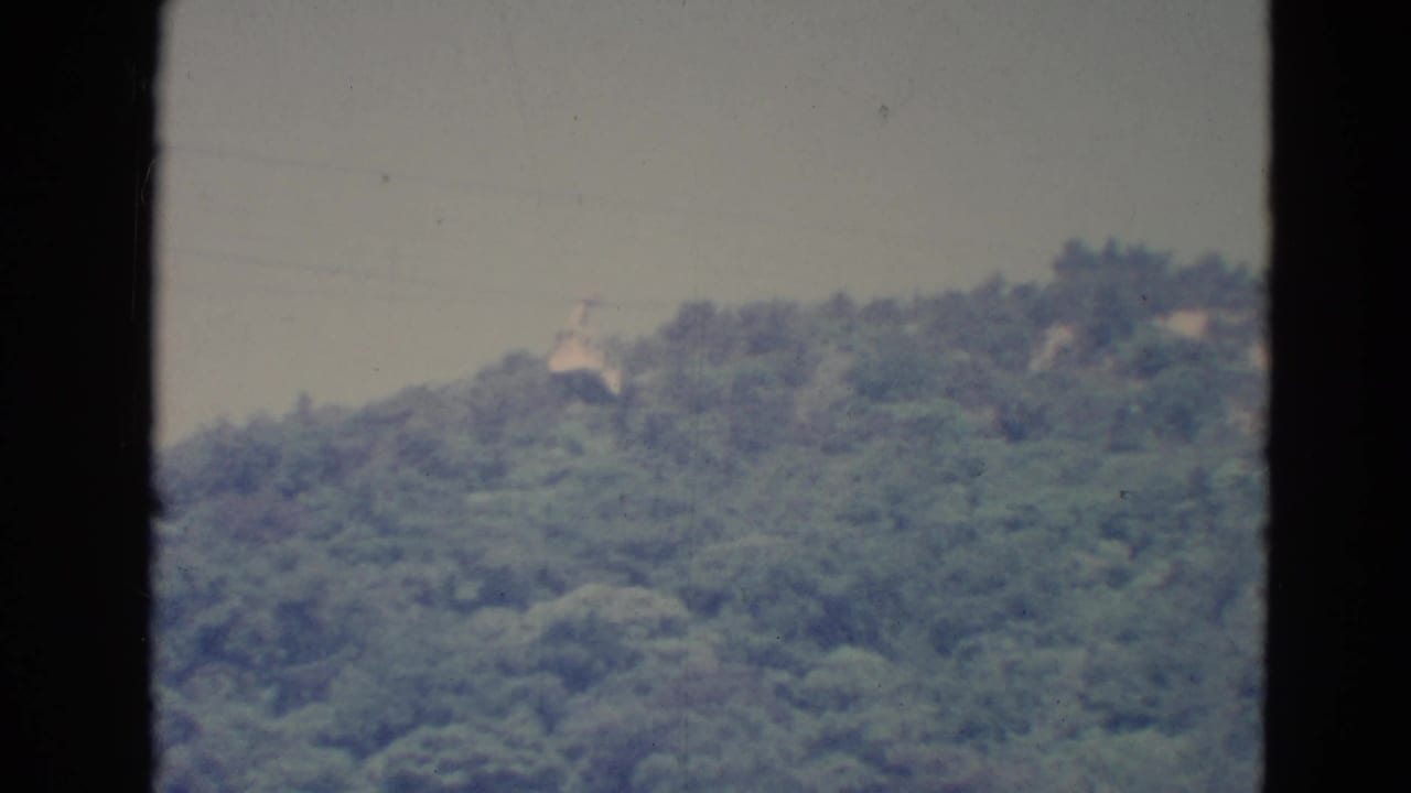 Distant wooded hillside under a pale sky, seen through dark vertical frame edges.