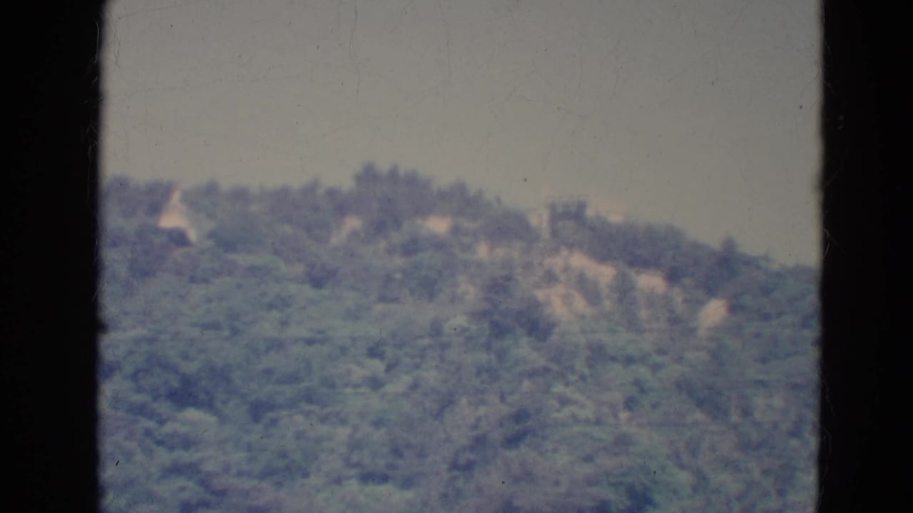 Soft view of a wooded ridge through dark window edges with pale sky above.