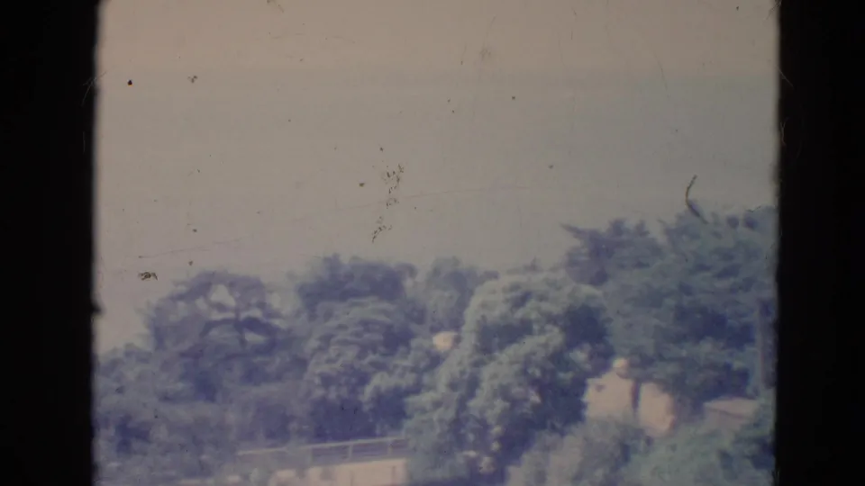 1976 Minnesota 8mm still showing hazy trees, a railing, and dark film-frame divisions from the home-movie scan.