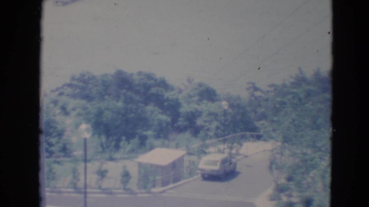 Curving paved road bordered by trees, a streetlight, a small structure, and a parked car.